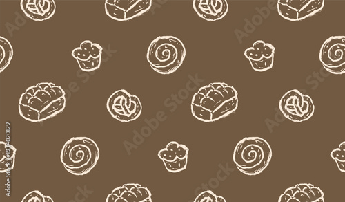 Bread hand drawn pattern. Bakery doodle background. Scribble pastry illustration seamless pattern for packaging containing brioche, muffin, and pretzel.