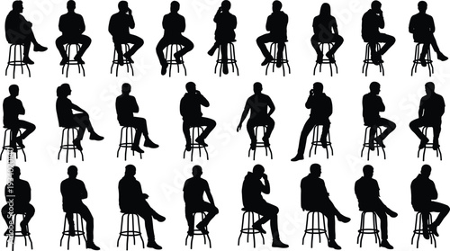 Collection of Sitting People Silhouettes on Bar Stools Isolated on White Background, Various Seated Male Poses, Black Vector Human Figure Set