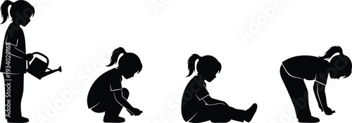 Child silhouettes gardening, watering plants, planting, exploring, sitting, bending, outdoor play, nature interaction, curiosity, learning, lifestyle, environment, childhood activity illustration