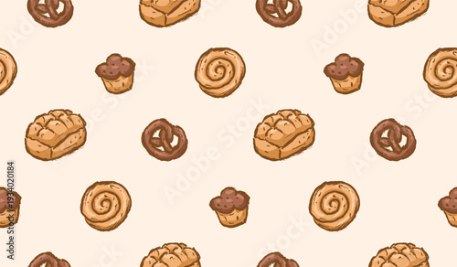 Bread hand drawn pattern. Bakery doodle background. Scribble pastry illustration seamless pattern for packaging containing brioche, muffin, and pretzel.