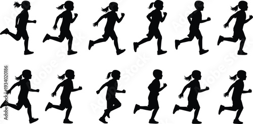 Children running silhouettes, dynamic stride motion, athletic kids, fitness activity, playful energy, sports training, healthy lifestyle, outdoor exercise, movement sequence, biomechanics