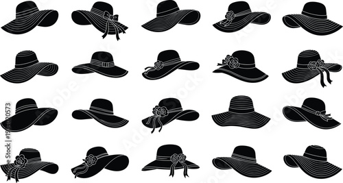 Collection of Black Silhouette Wide Brimmed Sun Hats with Ribbons and Flowers Keywords: hat, sun hat, wide brim, silhouette