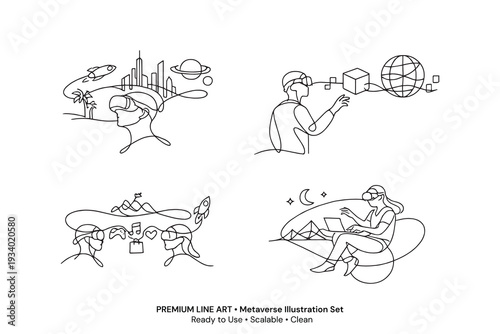 PrintPremium Metaverse One Line Art Illustration Set, VR Virtual Reality Continuous Line Icons, Futuristic Technology Minimal Vector Collection