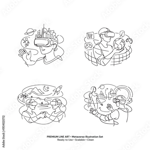 PrintPremium Metaverse One Line Art Illustration Set, VR Virtual Reality Continuous Line Icons, Futuristic Technology Minimal Vector Collection