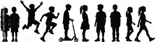 Children silhouette collection set, kids standing walking running jumping scooter black vector illustration isolated on white background
