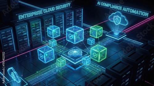 Data management compliance server datum concept. Abstract illustration of enterprise cloud security architecture.