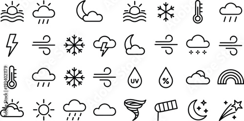 Comprehensive weather line icons set, sun rain snow wind storm temperature humidity UV climate vector illustration collection