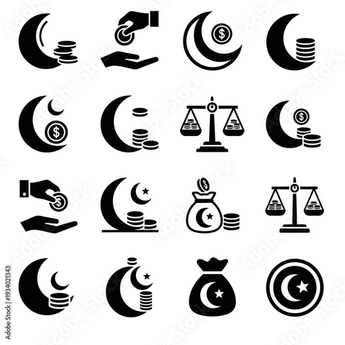 Collection of Islamic Finance Icons showcasing growth charts, money, and financial analysis tools.