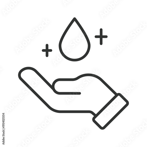 Hand with water drop icon in line design. hand water hygiene clean wash sanitation care on white background vector. Hand with water drop editable stroke icon