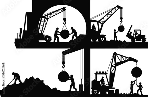 Construction crane and worker silhouettes set, heavy lifting industrial demolition site vector illustration collection
