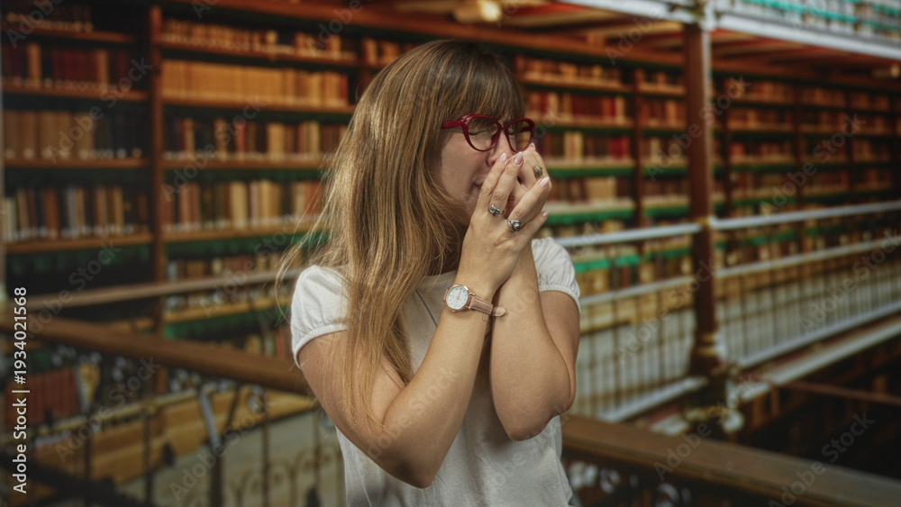 Fototapeta premium Woman holding keys and raising a clenched fist in a library building by shelved books and ornate railing, laughing with visible hands; excitement achievement celebration curiosity.