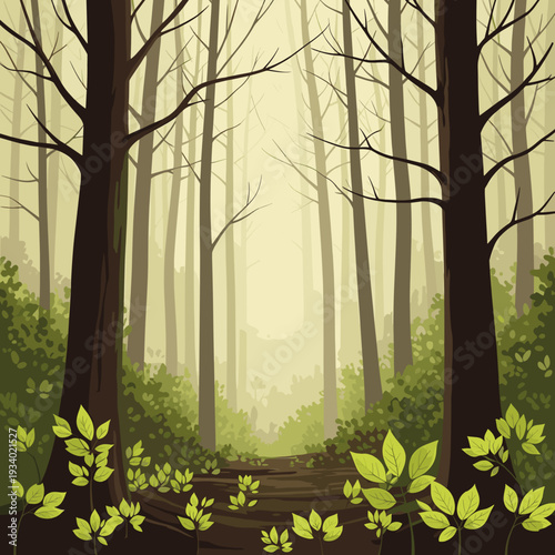 A serene forest path bathed in soft, ethereal light, with lush green foliage framing the entrance to a mystical woodland.