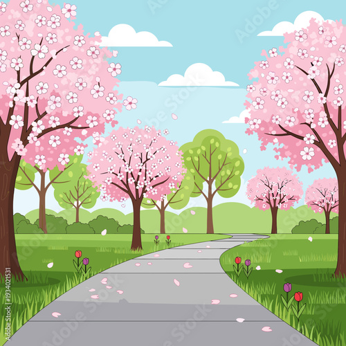 A picturesque winding pathway through a park adorned with blooming cherry blossom trees in full spring splendor.