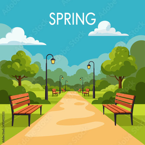 A picturesque park pathway lined with benches and lampposts, leading through lush green trees under a bright blue sky with fluffy clouds, signifying the arrival of spring.