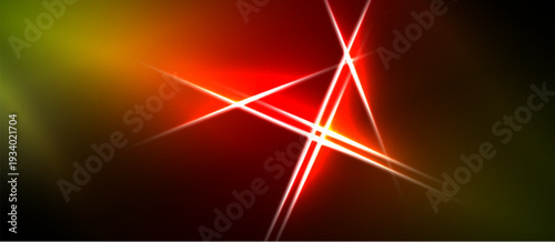 Abstract background features vibrant red, orange, yellow gradients. Bright white lines intersect creating dynamic light effects. Dark borders frame composition.