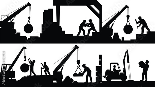 Construction demolition silhouettes with crane and workers, industrial wrecking ball heavy machinery vector illustration set