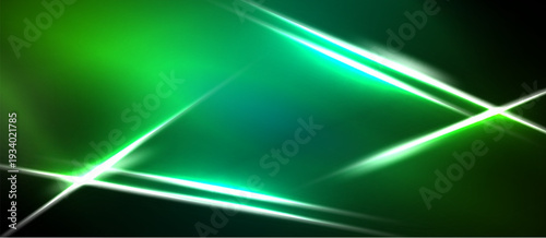 Abstract green background features bright white lines intersecting. Dark edges frame vibrant central glow. Modern design element.