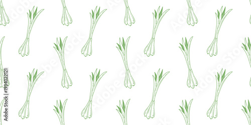 Young green onion seamless pattern in doodle sketch style. Hand drawn silhouette of an onion with stems on white background. Healthy organic food print, for product packaging, paper, grocery store, ve