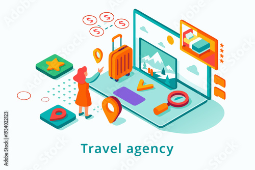 Digital travel agency interface with user planning vacation, booking hotel and exploring destinations, flat design vector illustration