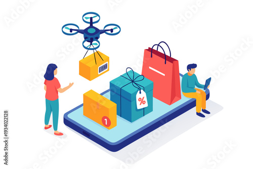 Drone delivery service brings shopping packages to customers on smartphone screen, flat design vector illustration
