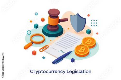 Cryptocurrency Legislation Vector Illustration: Gavel, Shield, Magnifying Glass, and Document