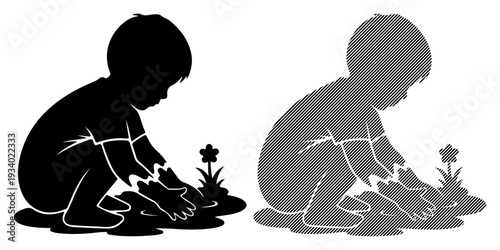 Child planting a small flower, symbolizing growth and nature exploration.
