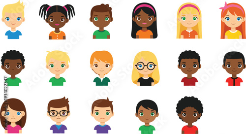 Diverse Collection of Children's Avatars with Various Hair Colors and Styles Keywords: children, kids, avatars, portraits, faces