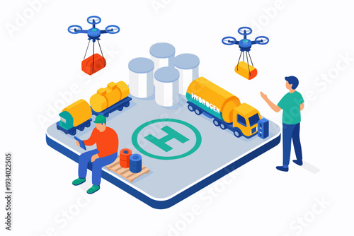 Modern logistics hub with drone delivery, trucks, and workers, flat design vector illustration