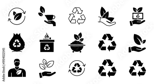 Set of 15 Black and White Ecology and Recycling Vector Icons isolated on White Background