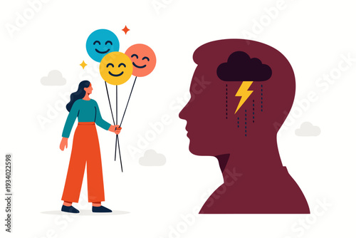 Woman with happy balloons faces a silhouette of a stormy, troubled mind.