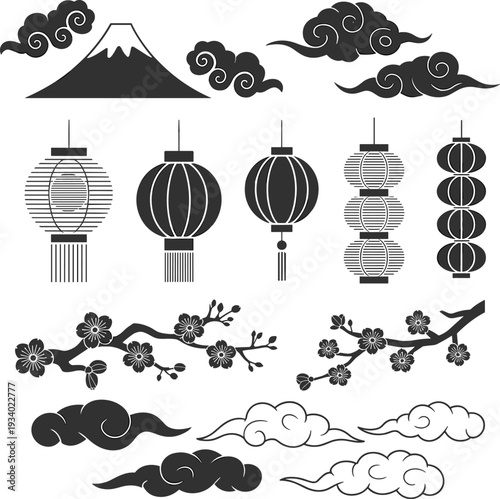 Japanese traditional elements set, lanterns sakura branches clouds and Mount Fuji isolated on white background Asian decorative vector collection