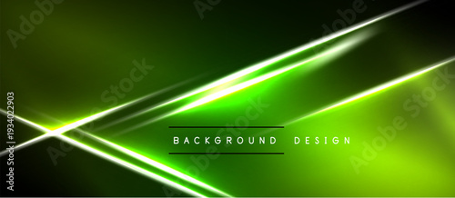 Abstract green background features bright neon lines. Diagonal streaks create dynamic visual effect. Modern design element for digital projects.