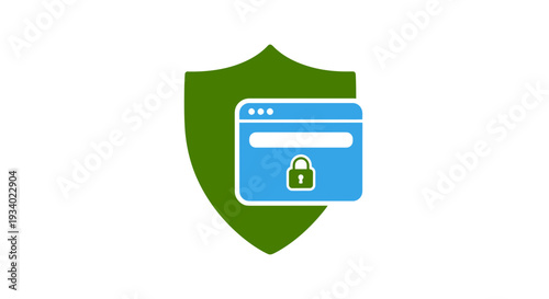 Green Shield with Blue Browser Window and Locked Padlock Icon Vector isolated on White Background