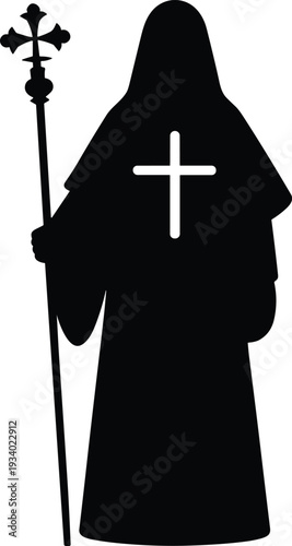 Christian bishop silhouette with cross and pastoral staff, religious clergy figure isolated on white background for church symbol design