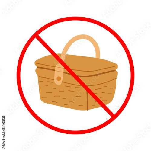 Picnics are prohibited. A multi-colored vector icon showing picnic basket crossed out with prohibition symbol. Ideal for park rules, signage, outdoor restrictions and informational graphics.
