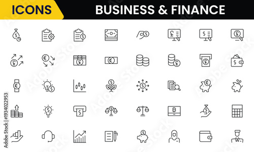Business and Finance line icons collection. Big UI icon set in a flat design. Thin outline icons pack. Vector illustration