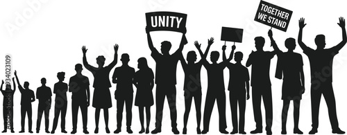 Protest crowd silhouette holding unity and together we stand signs, social movement demonstration isolated on white background illustration