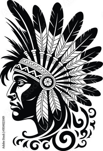 Native American chief headdress silhouette illustration, tribal warrior profile with feather war bonnet isolated on white background vector design