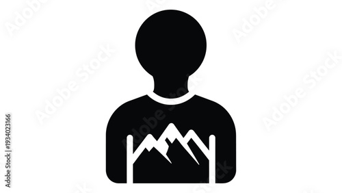 A black silhouette of a person wearing a mountain graphic t shirt isolated on white background, Vector