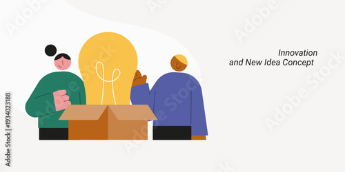 Innovation and new idea concept with two people discovering lightbulb in box. Flat design vector illustration for innovation, creative thinking and solution discovery concepts.