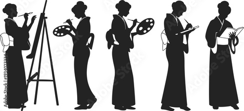 Female artist silhouette collection, woman painting on canvas and sketching with palette isolated on white background for creative design