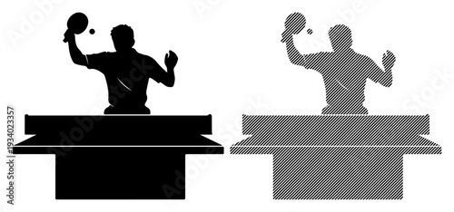 Dynamic silhouette of a person playing table tennis, captured mid-action with a paddle and ball.