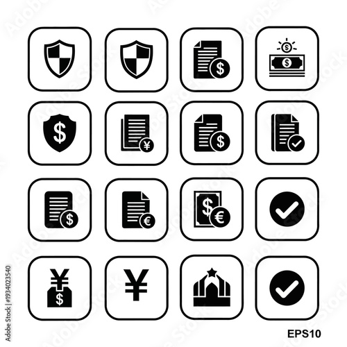 A collection of 16 black and white icons representing financial security, transactions, and verification, presented in a grid layout.