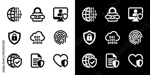 Simple Black and White Data Privacy and Security Icon Set Collection