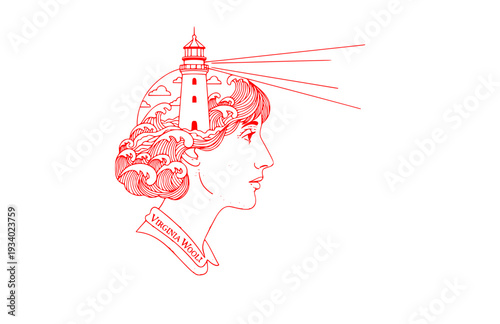 Virginia Woolf Lighthouse Profile Silhouette, Literary History Vector Sticker, Famous Author and Feminist Icon Illustration