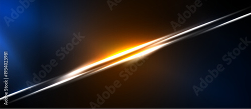 Abstract background features bright light streak across dark blue, orange gradients. Minimalist design evokes energy, motion.