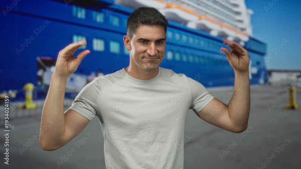 Naklejka premium Man gesturing with raised hands beside a large cruise ship at a street pier, palms visible and open; casual confidence.