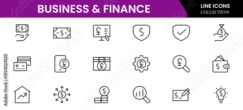 Business and Finance line icons collection. Big UI icon set in a flat design. Thin outline icons pack. Vector illustration