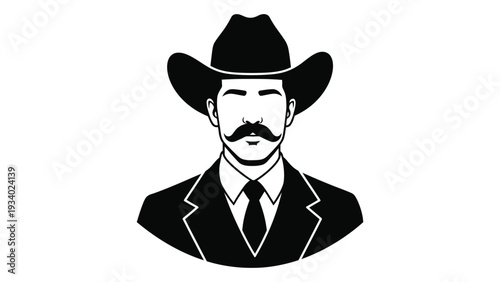 A black and white drawing of a man wearing a cowboy hat isolated on white background, Vector
