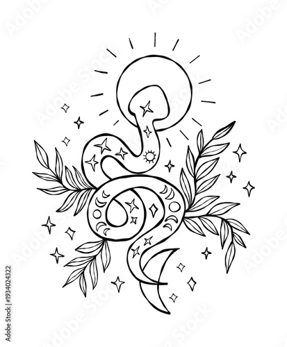 Outline Mystical snake with Sun, Moon and Plants. Hand Drawn Doodle for astrology, esoteric and Halloween design, symbolizing magic and transformation. Vector Illustration